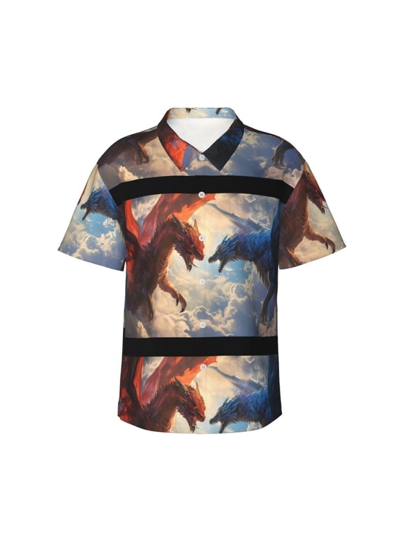 Cloud Red And Blue Dragon Pattern Men’s Hawaiian Shirt – Short Sleeve Button-Down Tropical Beach Shirt, Lightweight & Breathable Casual Aloha Shirt with Pocket,3X-Large
