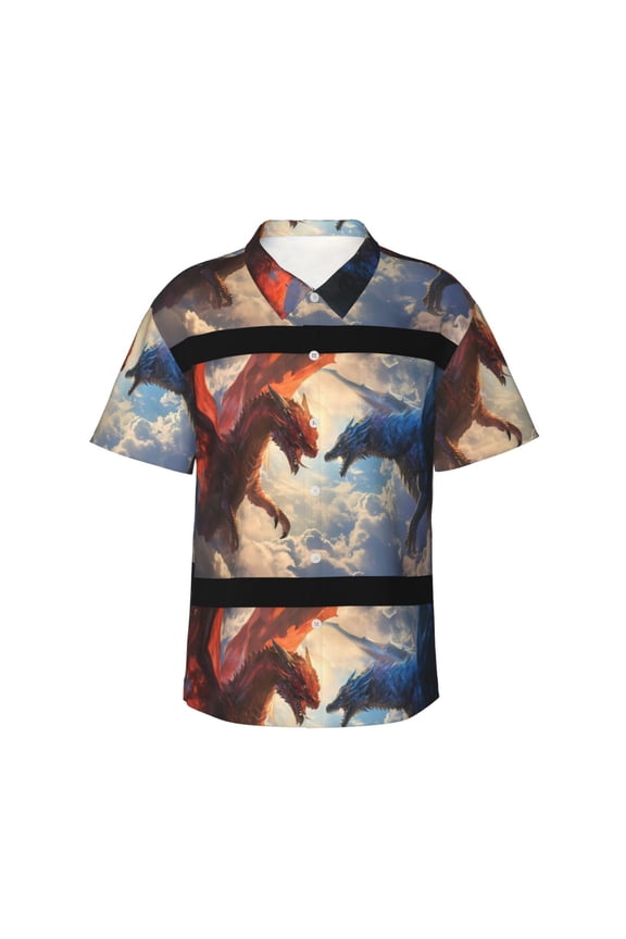 Cloud Red And Blue Dragon Pattern Men’s Hawaiian Shirt – Short Sleeve Button-Down Tropical Beach Shirt, Lightweight & Breathable Casual Aloha Shirt with Pocket,Medium