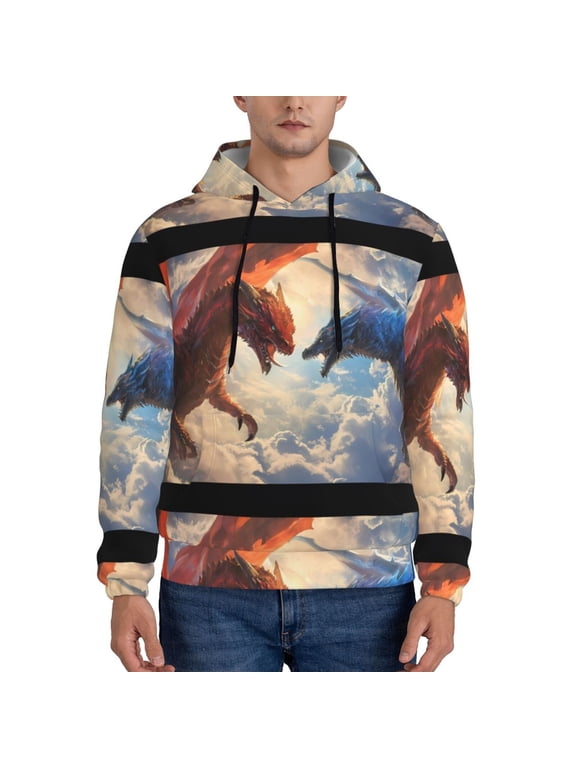 Cloud Red And Blue Dragon Pattern Mens Hoodie, Pullover Hooded Sweatshirt, Kangaroo Pocket Hoodie Ideal for Daily Wear, Travel and Home-Large