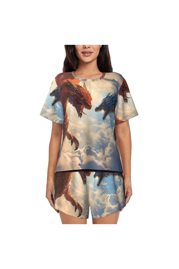Cloud Red And Blue Dragon Pattern Women's Short-Sleeved Pajama Set - 2 Piece Soft and Lightweight Sleepwear Set-3X-Large