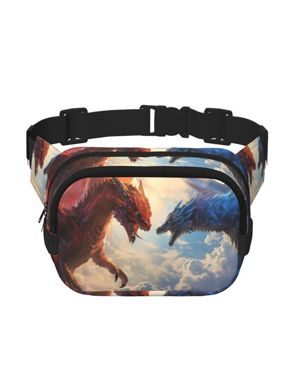 Cloud Red And Blue Dragon Print Fanny Pack Belt Bag for Women and Men, Square Double-Layer Waterproof Waist Pack with Adjustable Strap for Hiking, Jogging, Cycling