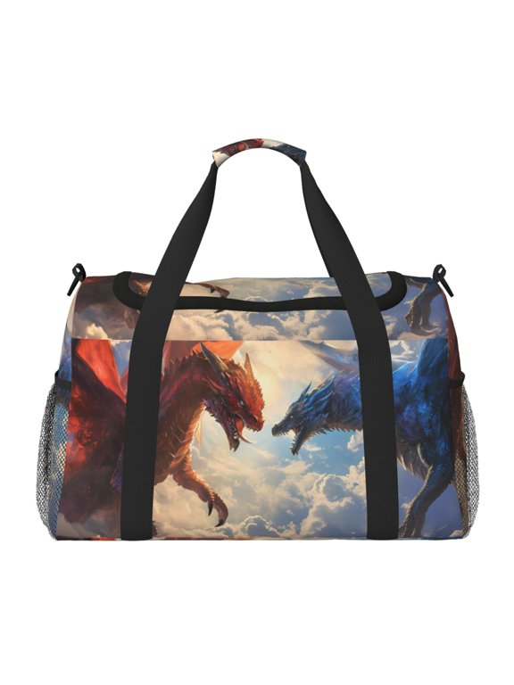 Cloud Red And Blue Dragon Pattern Gym Bag for Women, Duffle Bag for Travel with Wet Pocket, Carry on Weekender Bags for Women, Water Resistant Travel Bag Duffel Bag
