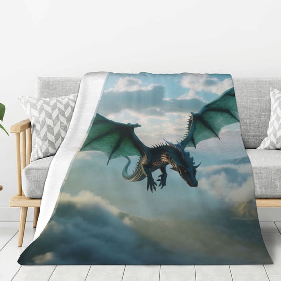 Rateoe Cloud Sky Green Dragon Pattern Flannel Throw Blanket, Ultra-soft Blanket for Bed, Couch, Car, Hypoallergenic Anti-pilling blanket-80"x60"(Vertical)