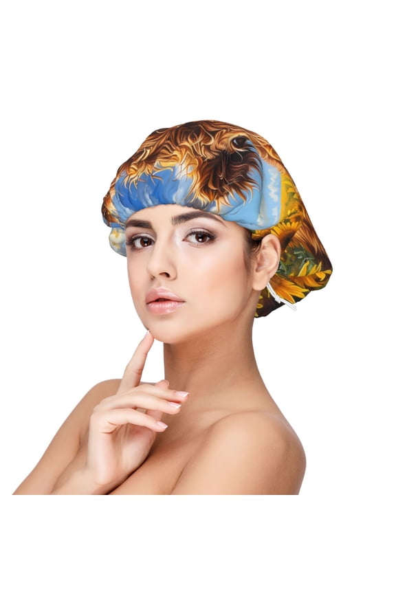 Cloud Sky Sunflower Cow Pattern Silk Satin Hair Bonnet for Sleeping, Adjustable Sleep Cap Turban for Women , Curly Straight Hair Long Large Braid