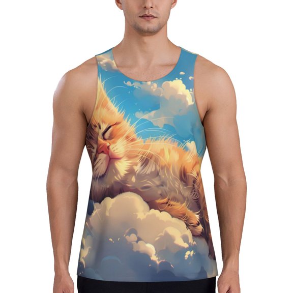Rateoe Cloud Sleeping Cat Pattern Sleeveless Gym Shirt Muscle Tee Breathable Workout Shirt Slim-Fit Tank Quick Dry Fit Muscle Tank Top Bodybuilding Sleeveless T Shirt-3X-Large