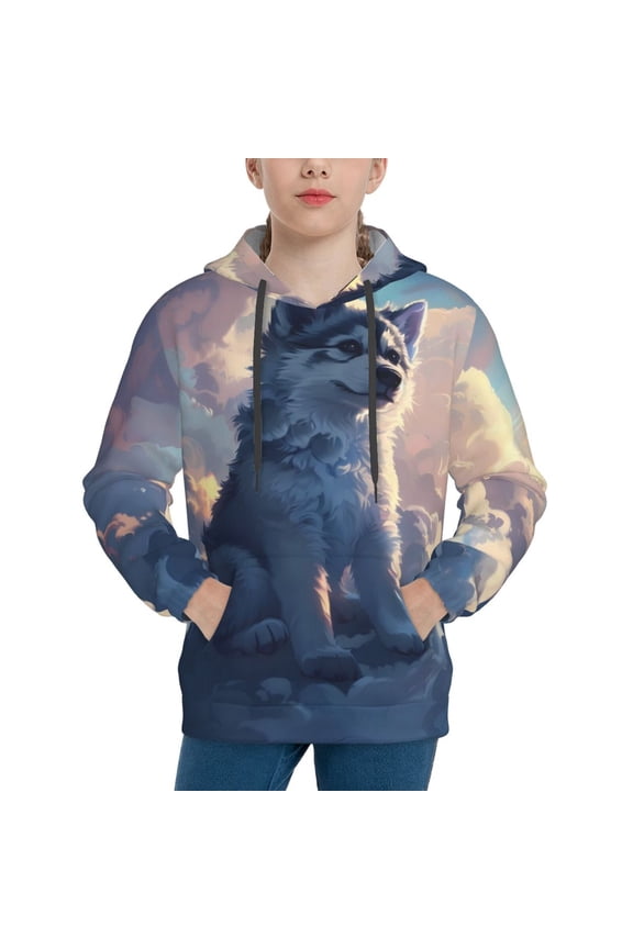 Cloud Wolf Pattern Boys Hoodie, Youth Pullover Hooded Sweatshirt, Kangaroo Pocket Hoodie for Kids-Large