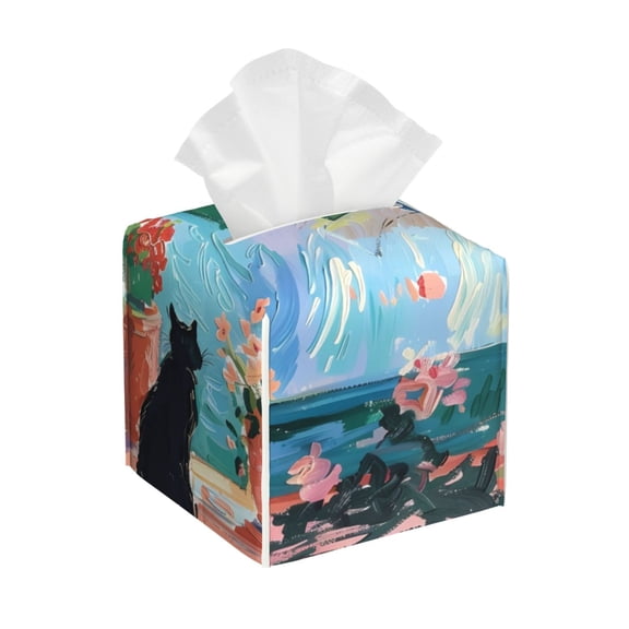 Rateoe Coastal Cat By The Window Pattern Tissue Box Cover, Modern Square Decorative Leather Facial Paper Case Organizer Holder Dispenser 5X5X5''