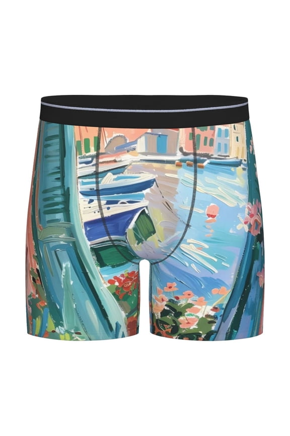Coastal Cat By The Window Print Men’s Underwear Boxer Briefs Soft Comfortable Underwear Boxer Briefs, Long Leg Briefs,Anti-chafing Boxer Briefs