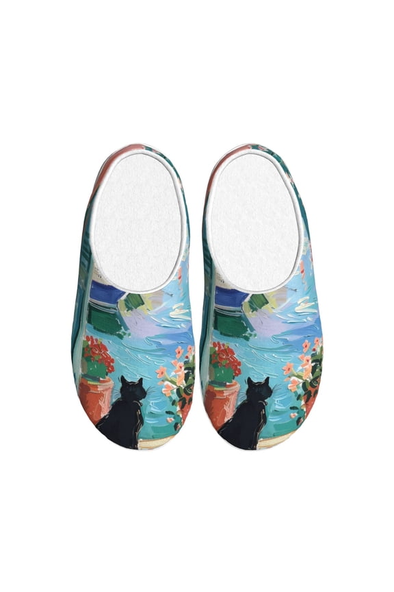 Coastal Cat By The Window Print Women's Men's Cotton Knit Slippers Lightweight Memory Foam Indoor House Shoes with Anti-Skid Sole-44/45