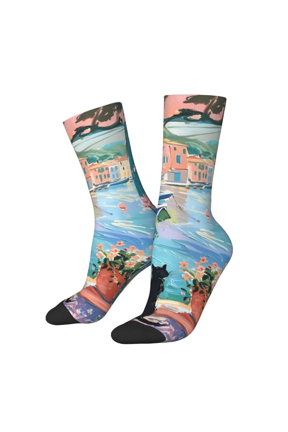 Coastal Cat By The Window for Women Casual Calf Socks - Cute Crew Socks - Thin Soft Above Ankle Socks Size 5-11
