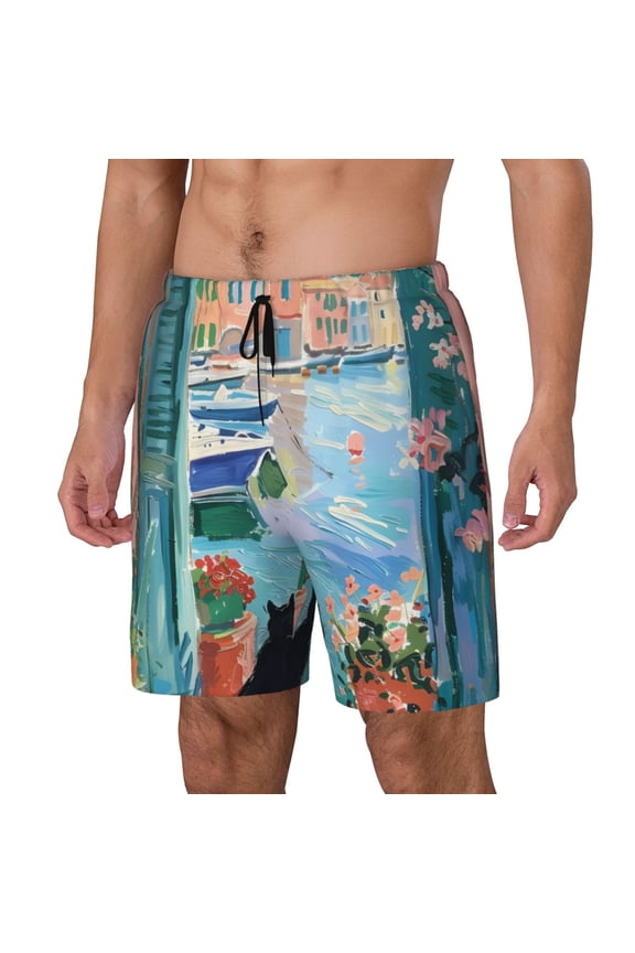 Coastal Cat By The Window Pattern Men’s Swim Shorts with Compression Liner – Double-Layered Quick-Dry Swimwear, Comfortable & Stretchy Beach Shorts-Medium