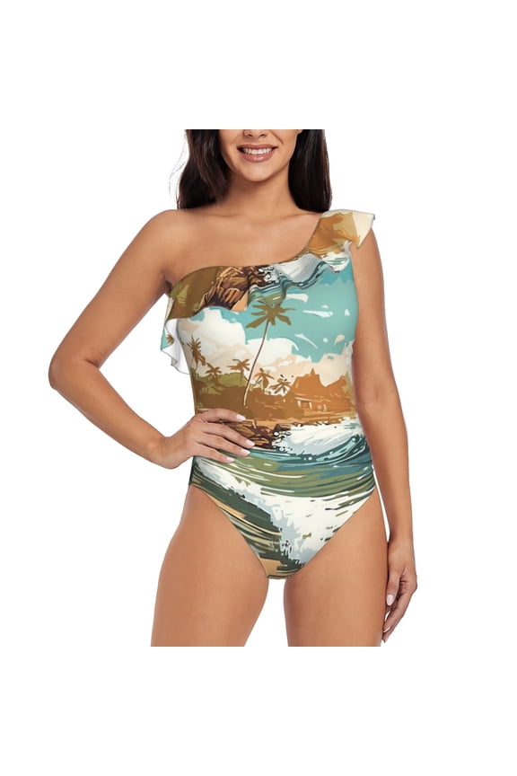 Coastal Palm Beach Pattern Women One Piece Swimsuits Tummy Control One Shoulder Bathing Suits Ruffle Swimwear-Medium