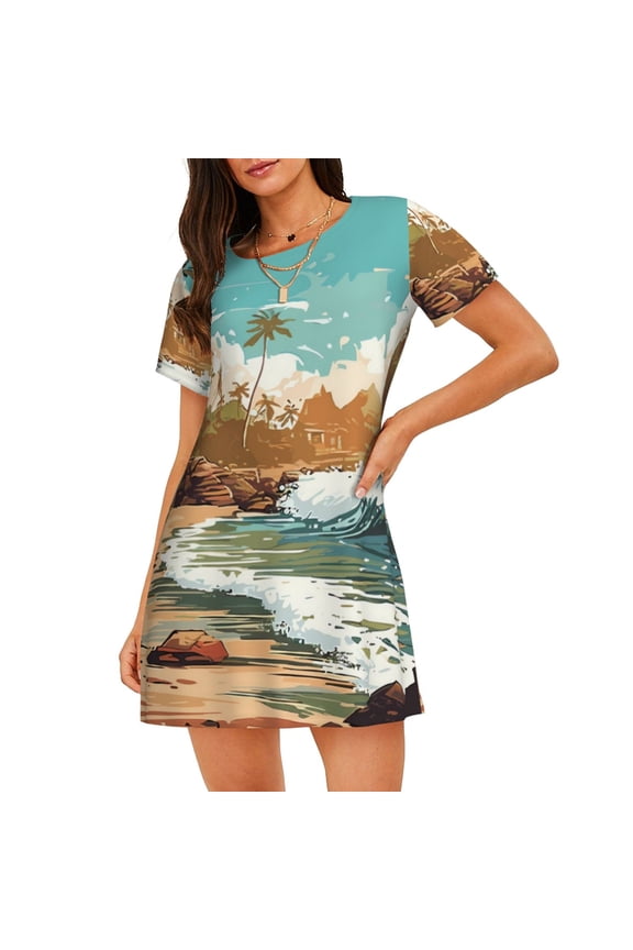 Coastal Palm Beach Print Women’s Nightdress – Cozy Cotton Short-sleeved Sleep Shirt, Loose-Fit Sleepwear, Perfect for Relaxing and Sleeping