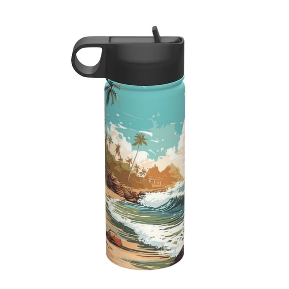 Rateoe Coastal Palm Beach Printed 18oz Sports Insulated Water Bottle, Double-Walled Stainless Steel Kettle with Leak-Proof Straw Lid, Portable & BPA-Free for Outdoor, Gym, Camping, and Travel