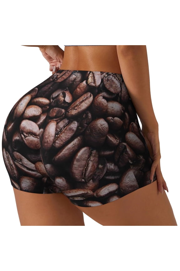 Coffee Bean Printed Power Workout Shorts for Women Tummy Control Squat Proof Ribbed Thick Seamless Scrunch Active Short-Small