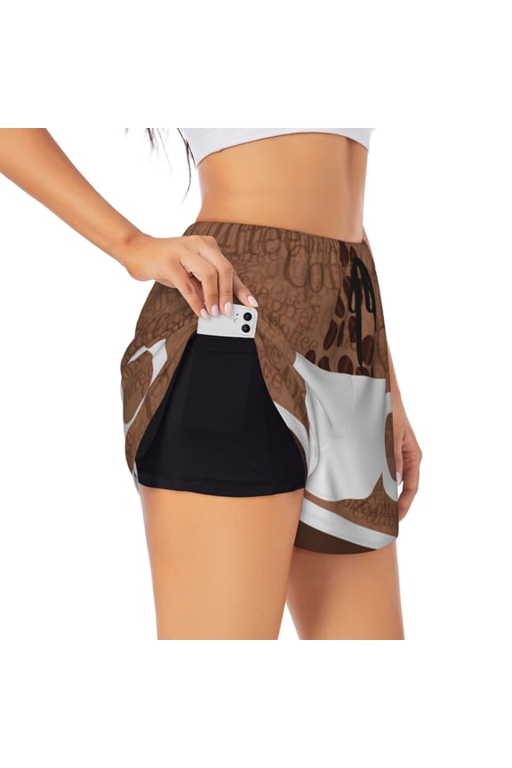 Coffee Cafe Cup Printed 2 in 1 Women's Workout Shorts for Athletic Gym Running Shorts with Phone Pockets-Medium