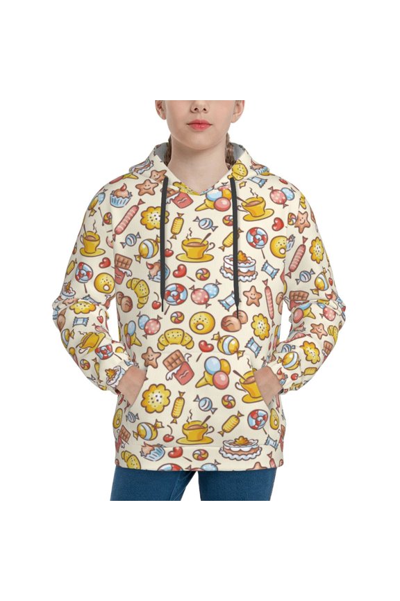 Coffee Donuts Pattern Boys Hoodie, Youth Pullover Hooded Sweatshirt, Kangaroo Pocket Hoodie for Kids-Medium