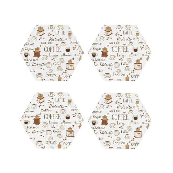 Rateoe Coffee Drawing Drink Coasters Set of 4 Leather Coasters Spill Protection for Table Desk,Durable and Non Slip Leather Coaster ,4 Inches Drink Mats-Hexagon