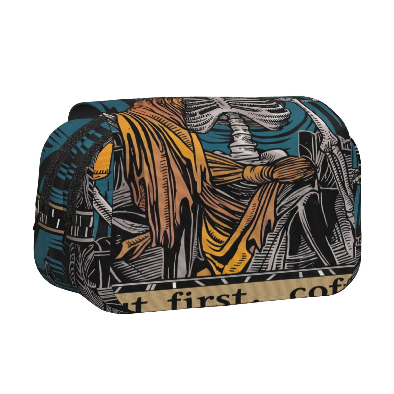 Rateoe Coffee-Drinking Skull Pattern Double Clamshell Pen Case, Storage Organizer with Two Zipper Compartments– Holds Up to 50 Pencils & Pens