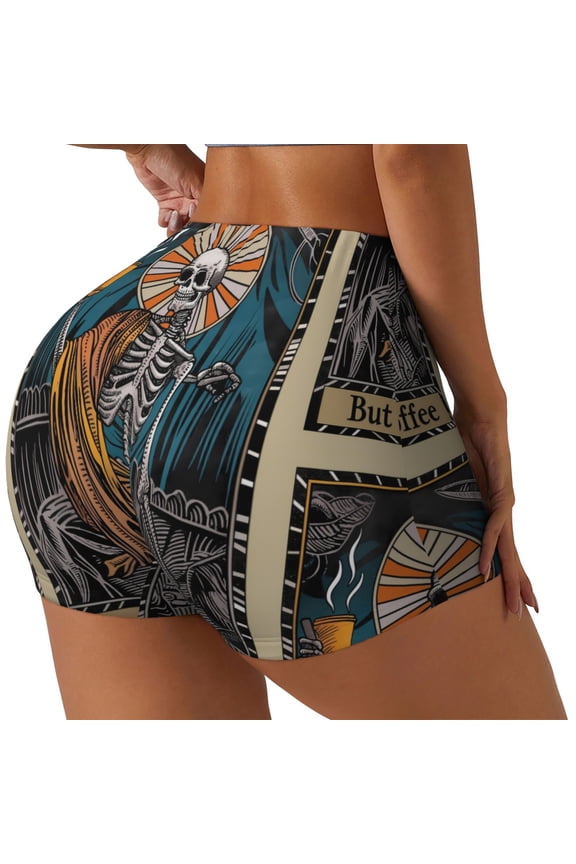 Coffee-Drinking Skull Printed Power Workout Shorts for Women Tummy Control Squat Proof Ribbed Thick Seamless Scrunch Active Short-Medium