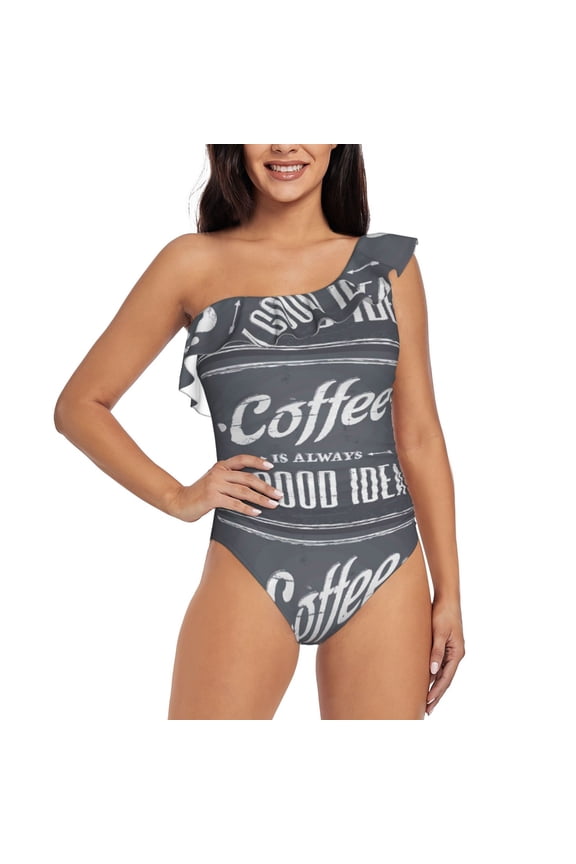 Coffee Is Always A Good Idea Pattern Women One Piece Swimsuits Tummy Control One Shoulder Bathing Suits Ruffle Swimwear-X-Large