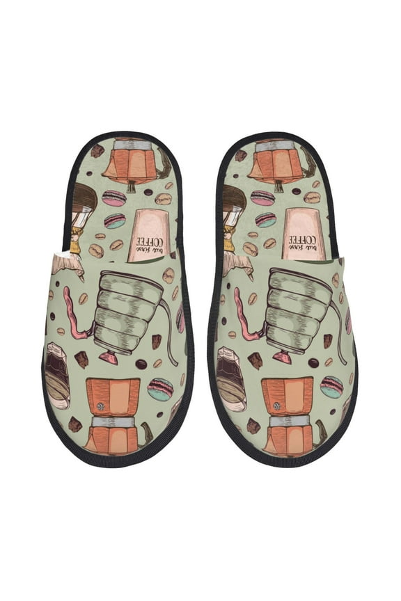 Coffee Makers Macaroons Chocolate Pattern Fuzzy Slippers Fuzzy Soft House Slippers Plush Furry Warm Cozy Open Toe Fluffy Home Shoes-Large