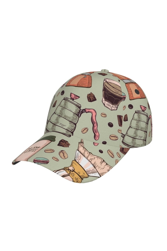 Coffee Makers Macaroons Chocolate Pattern Mens Baseball Cap  Adjustable Curved Brim Hat, Soft Cotton Sports Cap for Outdoor, Casual, and Everyday Wear, Comfortable & Breathable