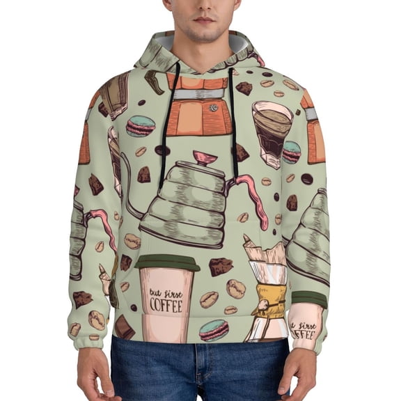 Rateoe Coffee Makers Macaroons Chocolate Pattern Mens Hoodie, Pullover Hooded Sweatshirt, Kangaroo Pocket Hoodie Ideal for Daily Wear, Travel and Home-X-Large