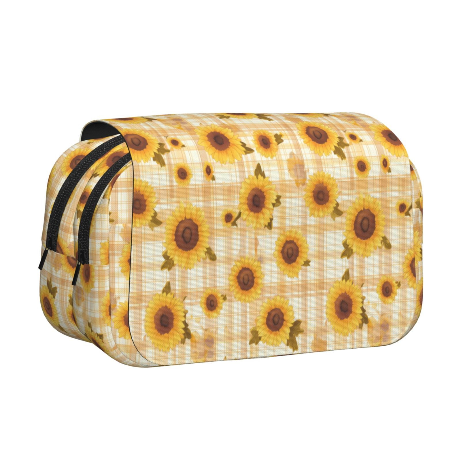 Rateoe Coffee Plaid Sunflower Pattern Double Clamshell Pen Case, Storage Organizer with Two Zipper Compartments– Holds Up to 50 Pencils & Pens