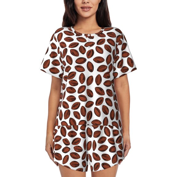 Rateoe Coffee Rugby Pattern Women's Short-Sleeved Pajama Set - 2 Piece Soft and Lightweight Sleepwear Set-Small