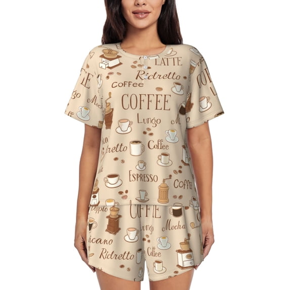 Rateoe Coffee Time Pattern Women's Short-Sleeved Pajama Set - 2 Piece Soft and Lightweight Sleepwear Set-Large