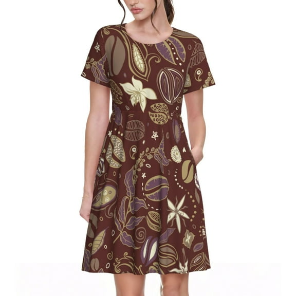 Rateoe Coffee and Flowers Pattern Women’s Short Sleeve Dress – Casual Elegant Summer A-Line Dress for Everyday Wear
