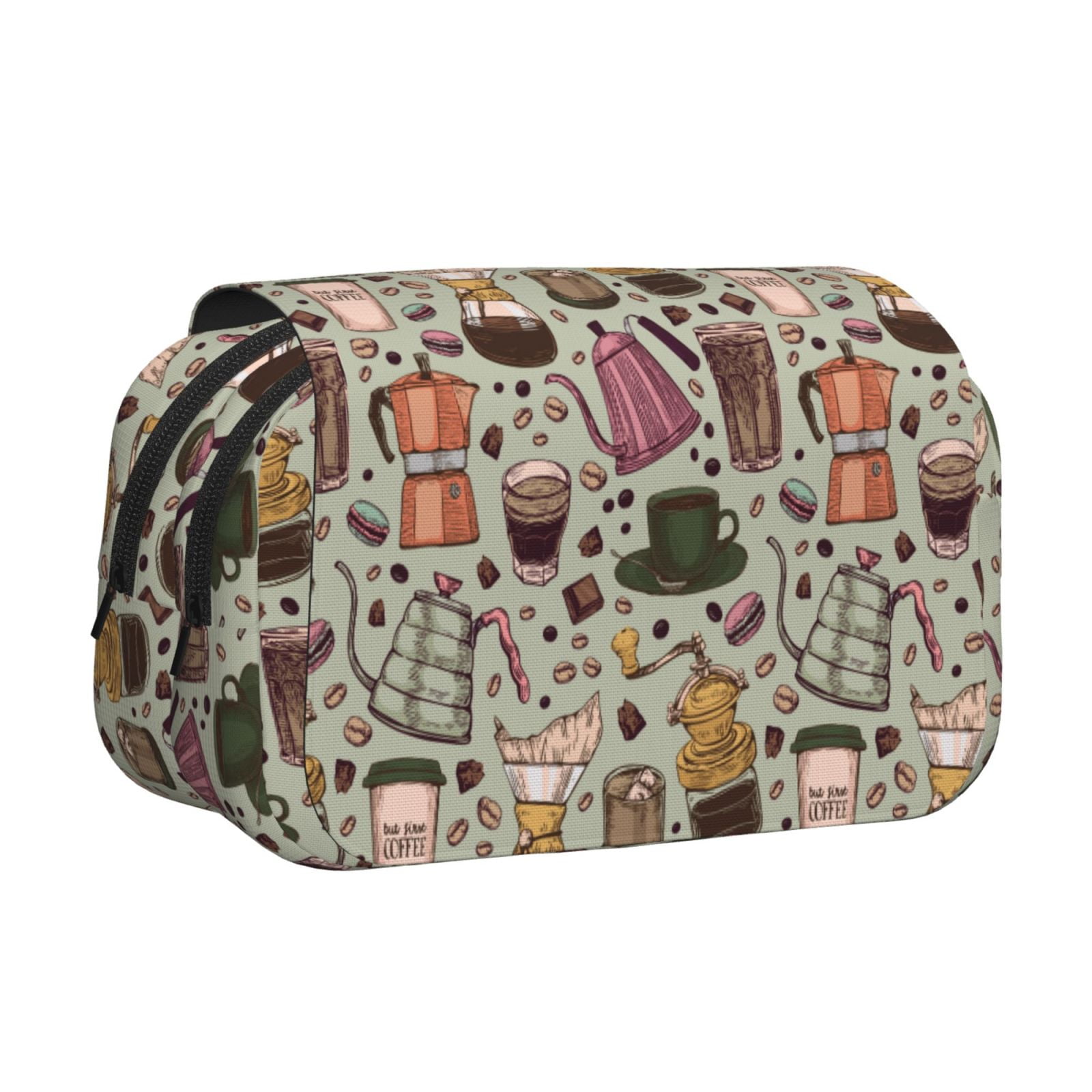 Rateoe Coffee pots cup Pattern Double Clamshell Pen Case, Storage Organizer with Two Zipper Compartments– Holds Up to 50 Pencils & Pens