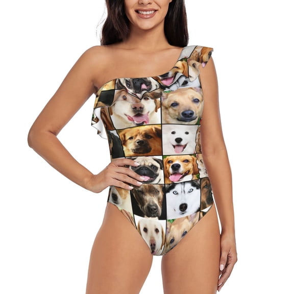 Rateoe Collage of different dogs Pattern Women One Piece Swimsuits Tummy Control One Shoulder Bathing Suits Ruffle Swimwear-X-Large