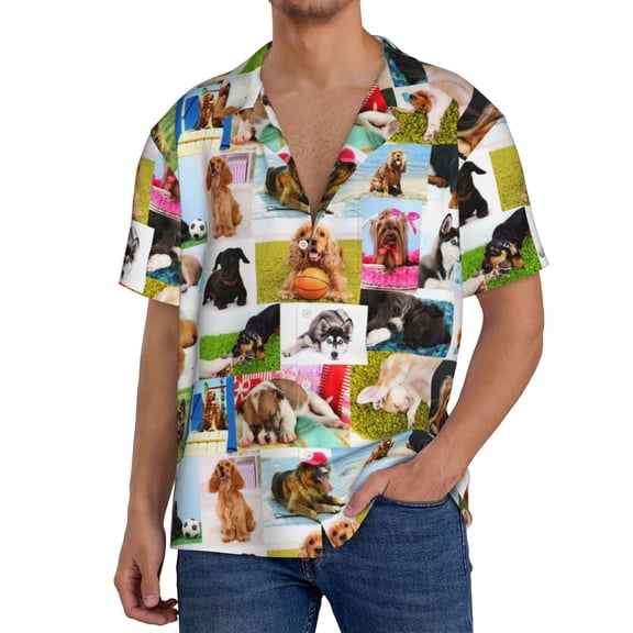 Rateoe Collage of pretty dogs Pattern Men's Short Sleeve Classic Shirt, Casual Short-Sleeved Shirt, Lightweight Summer Shirt, Cuban Collar Shirt,Button-Front Shirt-