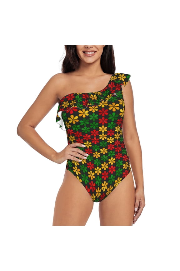 Color Music1 Pattern Women One Piece Swimsuits Tummy Control One Shoulder Bathing Suits Ruffle Swimwear-X-Large