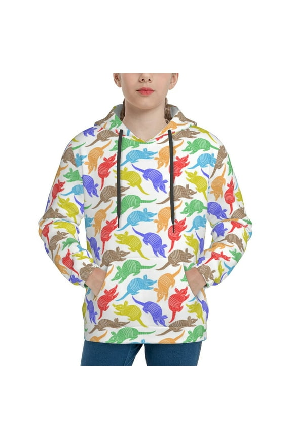 Colored Armadillos Pattern Boys Hoodie, Youth Pullover Hooded Sweatshirt, Kangaroo Pocket Hoodie for Kids-Medium