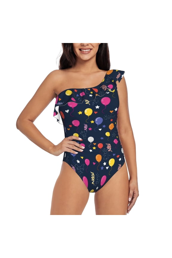 Colored Balloons Pattern Women One Piece Swimsuits Tummy Control One Shoulder Bathing Suits Ruffle Swimwear-