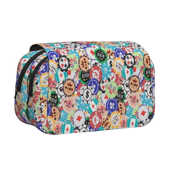 Rateoe Colored Casino Chips Pattern Double Clamshell Pen Case, Storage Organizer with Two Zipper Compartments Holds Up to 50 Pencils & Pens