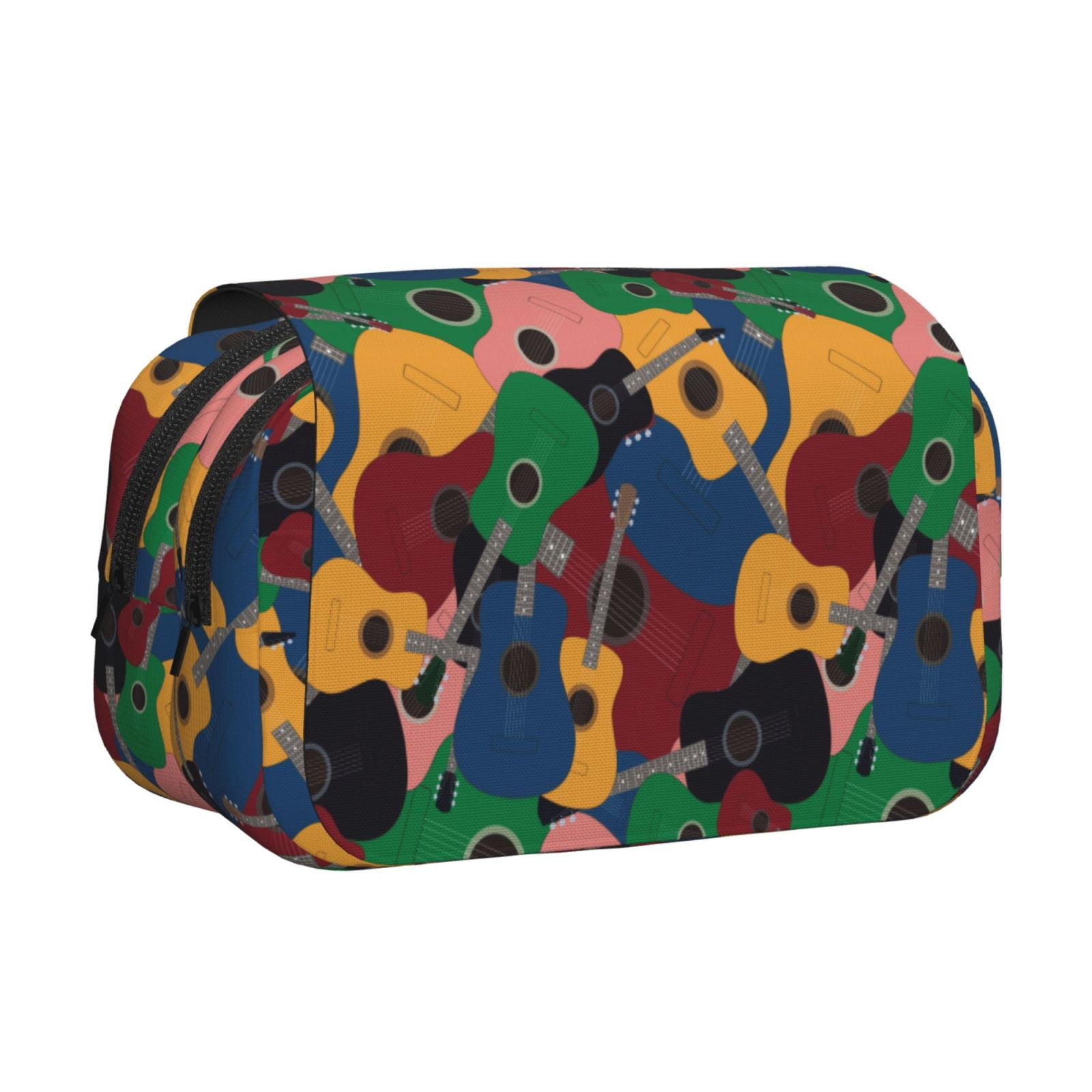 Rateoe Colored Guitars Pattern Double Clamshell Pen Case, Storage Organizer with Two Zipper Compartments– Holds Up to 50 Pencils & Pens