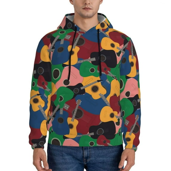 Rateoe Colored Guitars Pattern Mens Hoodie, Pullover Hooded Sweatshirt, Kangaroo Pocket Hoodie Ideal for Daily Wear, Travel and Home-3X-Large