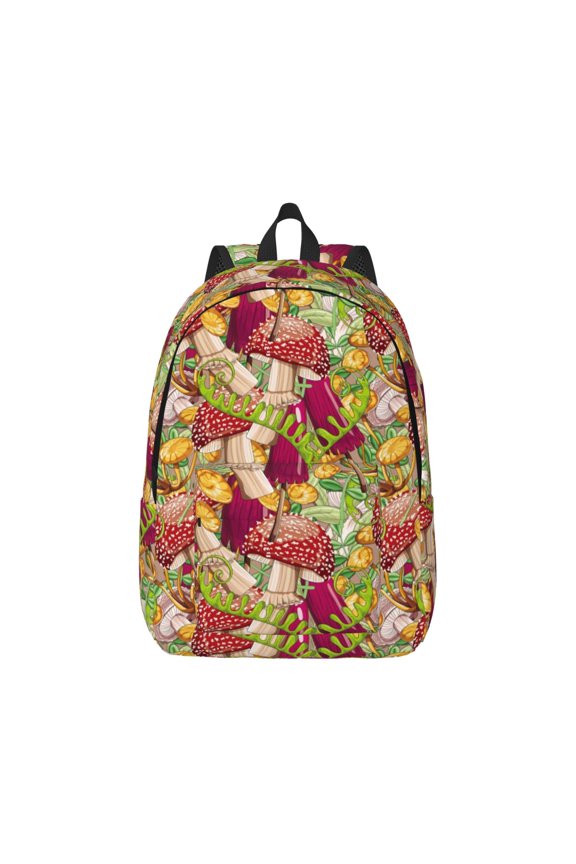 Colored Large Mushrooms and Leaves Pattern Canvas College Laptop Backpack,Travel Daypack,Durable Rucksack Travel Notebook Bag School Backpack Book Bag for Men Women-Small