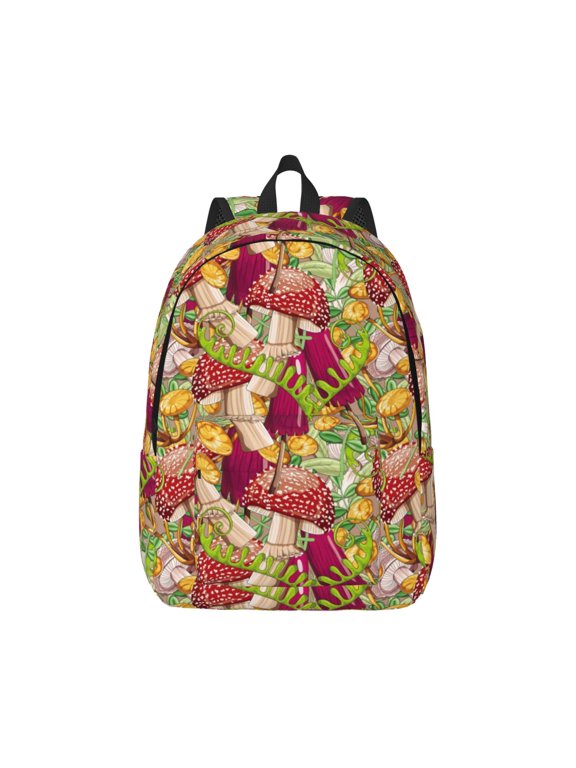 Colored Large Mushrooms and Leaves Pattern Canvas College Laptop Backpack,Travel Daypack,Durable Rucksack Travel Notebook Bag School Backpack Book Bag for Men Women-Small