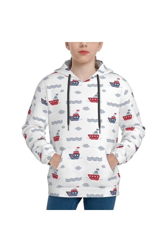 Colored Sail Boats Pattern Boys Hoodie, Youth Pullover Hooded Sweatshirt, Kangaroo Pocket Hoodie for Kids-Medium