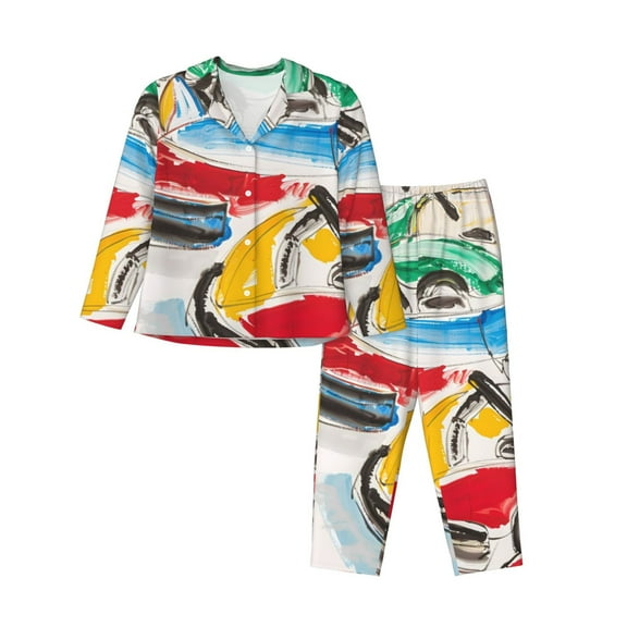 Rateoe Colorful Abstract Bumper Cars Pattern Womens Pajamas Set Long Sleeve Sleepwear Button Down Nightwear Soft Cotton Pj Lounge Sets-Medium