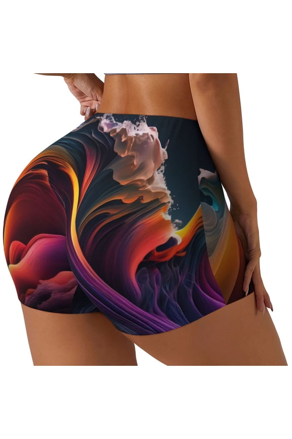 Colorful Abstract Wave Motion Printed Power Workout Shorts for Women Tummy Control Squat Proof Ribbed Thick Seamless Scrunch Active Short-Large