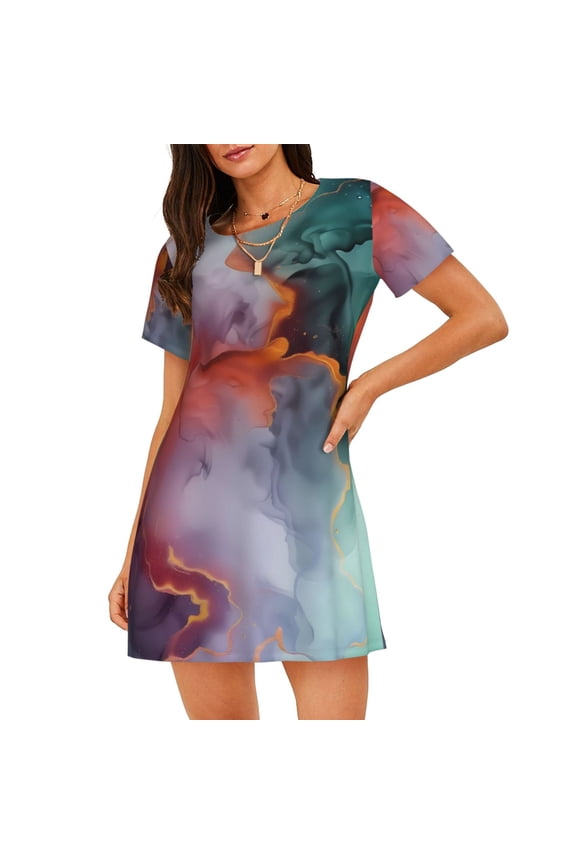 Colorful Abstract Waves Print Women’s Nightdress – Cozy Cotton Short-sleeved Sleep Shirt, Loose-Fit Sleepwear, Perfect for Relaxing and Sleeping