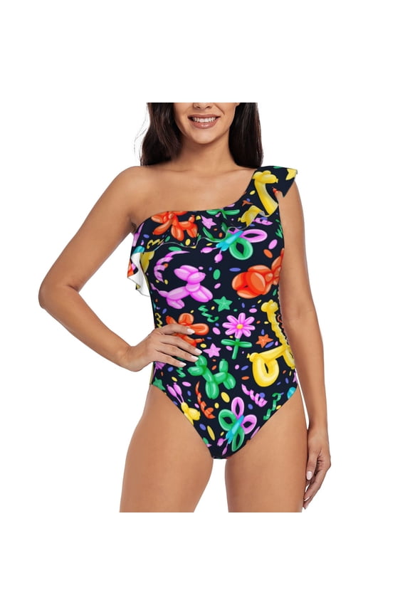 Colorful Air Balloons1 Pattern Women One Piece Swimsuits Tummy Control One Shoulder Bathing Suits Ruffle Swimwear-