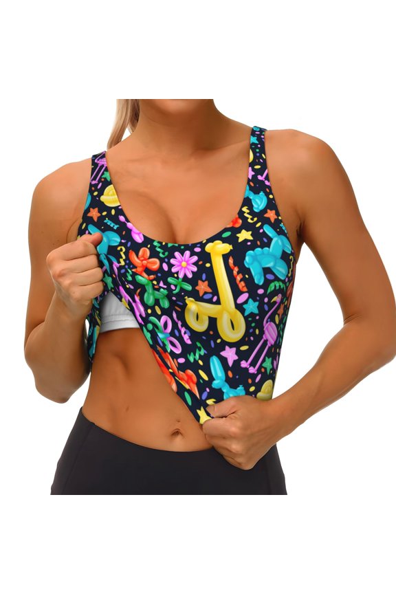 Colorful Air Balloons1 Print Womens' Sports Bras Scoop Neck Sports Vest- Padded U Back Seamless High Impact Support