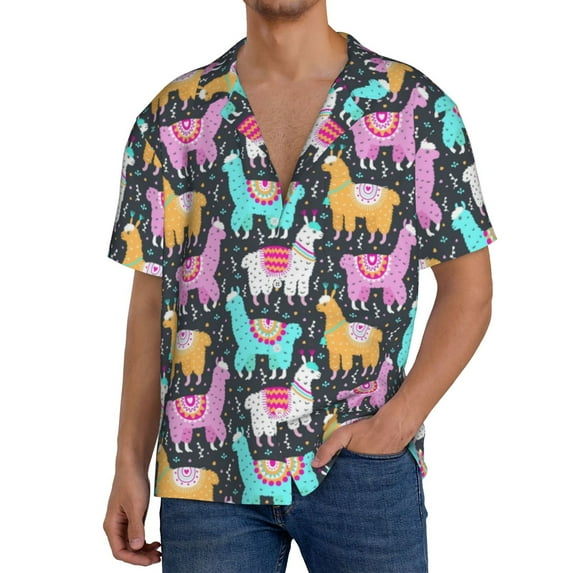 Rateoe Colorful Alpaca Pattern Men's Short Sleeve Classic Shirt, Casual Short-Sleeved Shirt, Lightweight Summer Shirt, Cuban Collar Shirt,Button-Front Shirt-Medium